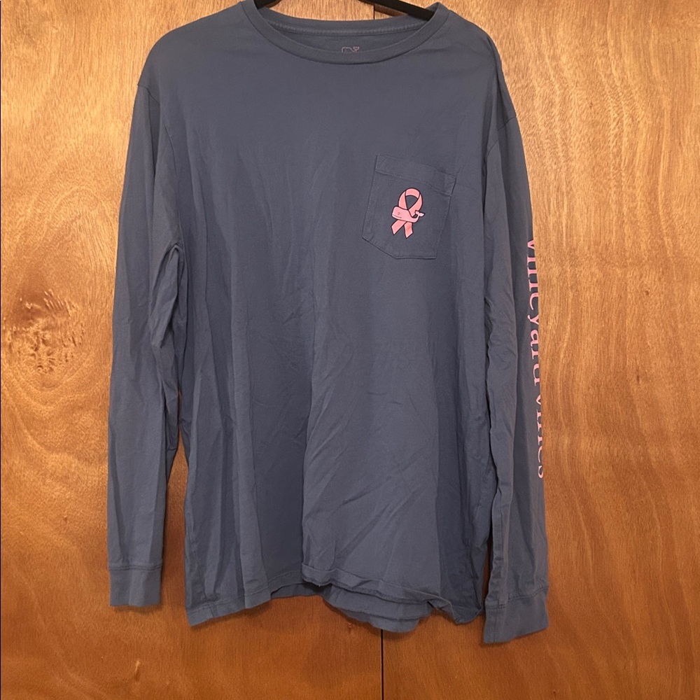Blue Long Sleeve Shirt with Pink Ribbon